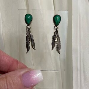 Southwestern Style Malachite and Feather Shaped Silver Earrings